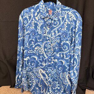 J McLaughlin | Meadowood Grammercy Blue/White Paisley Mens Linen shirt; sz L;